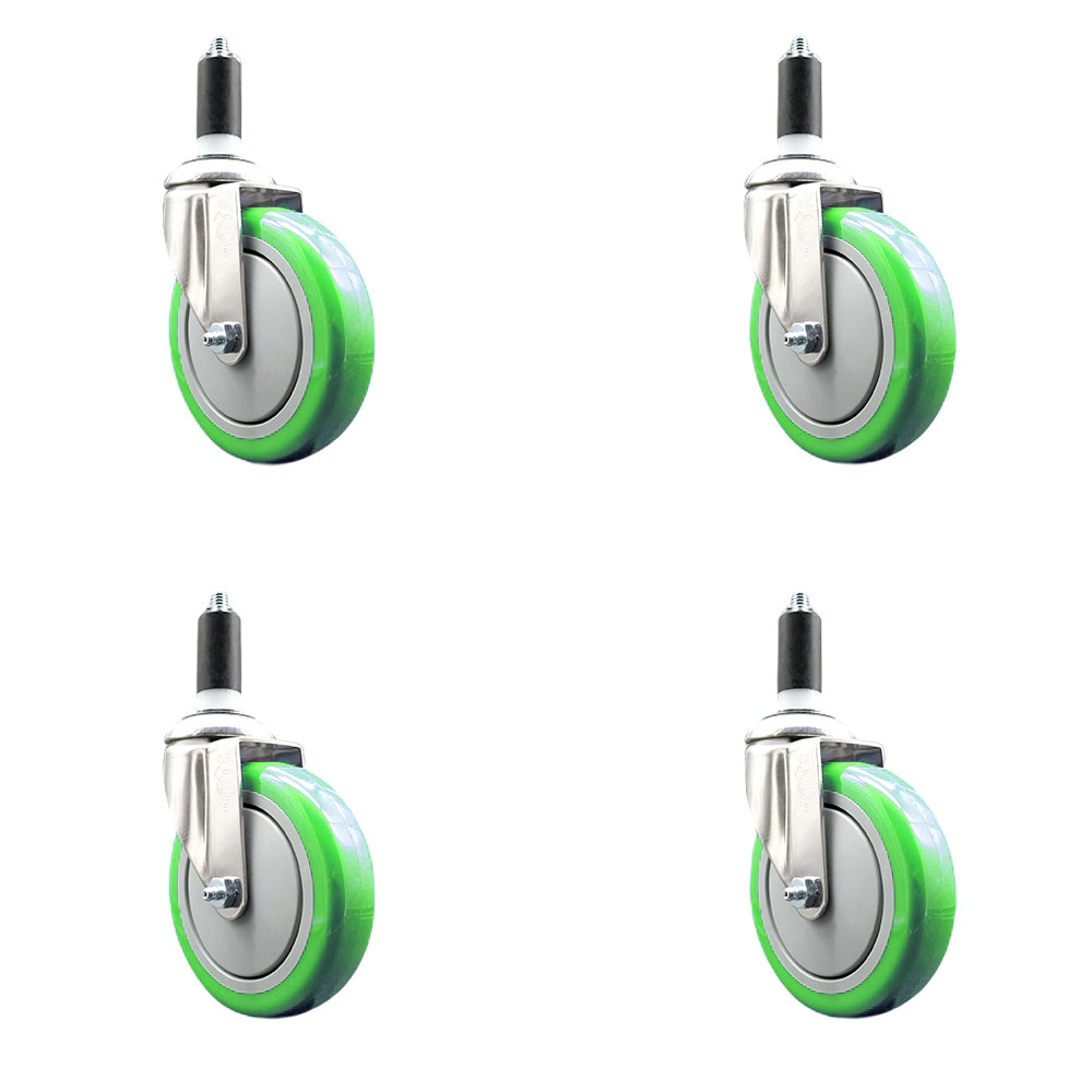Polyurethane Swivel Stem Caster with 5 in. Green Caster Wheels, 1.25 in. Expanding Stems - 316 Stainless Steel Casters - Set of 4