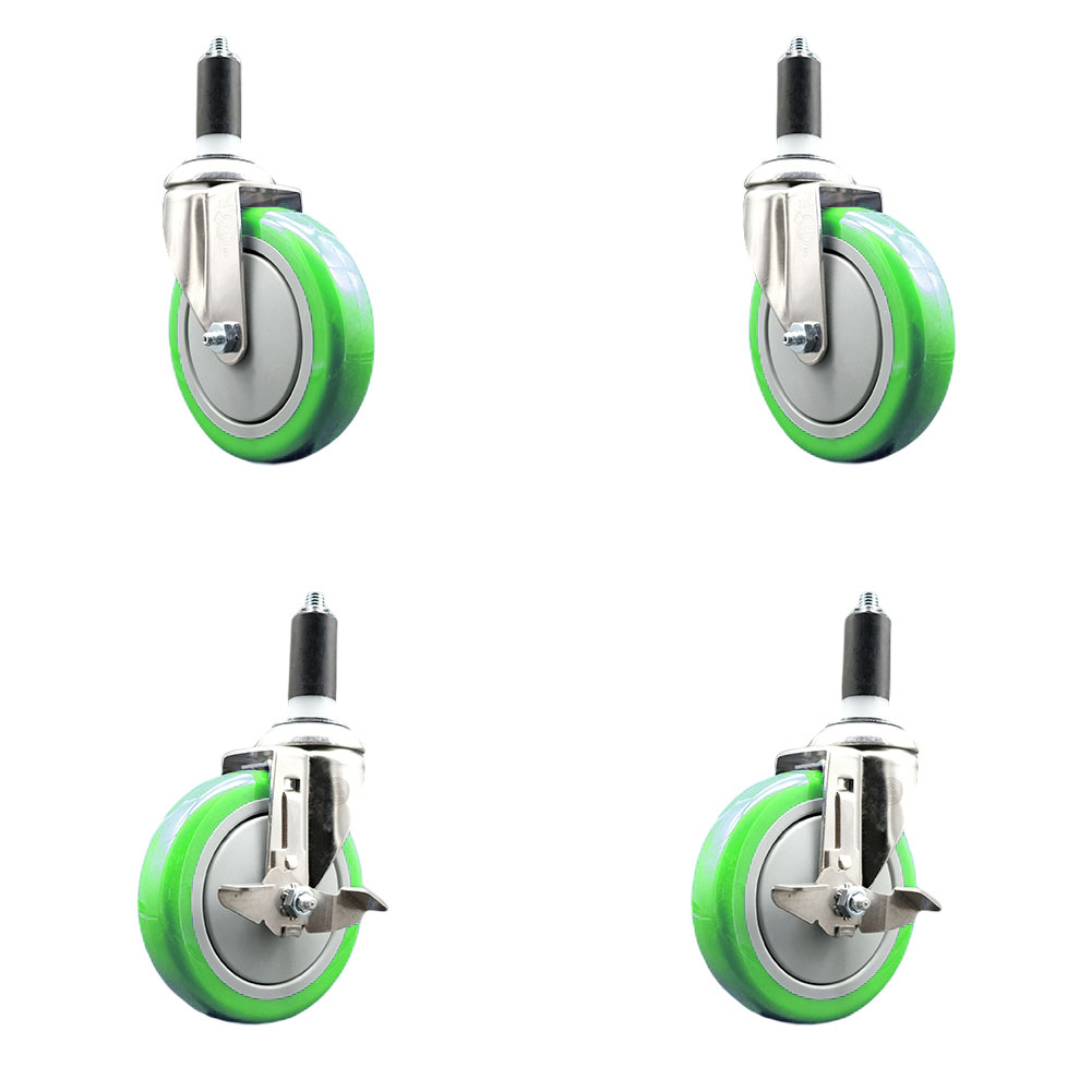 Polyurethane Swivel Stem Caster with 5 in. Green Caster Wheels, 1.25 in. Expanding Stems - 316 Stainless Steel Casters - Set of 4