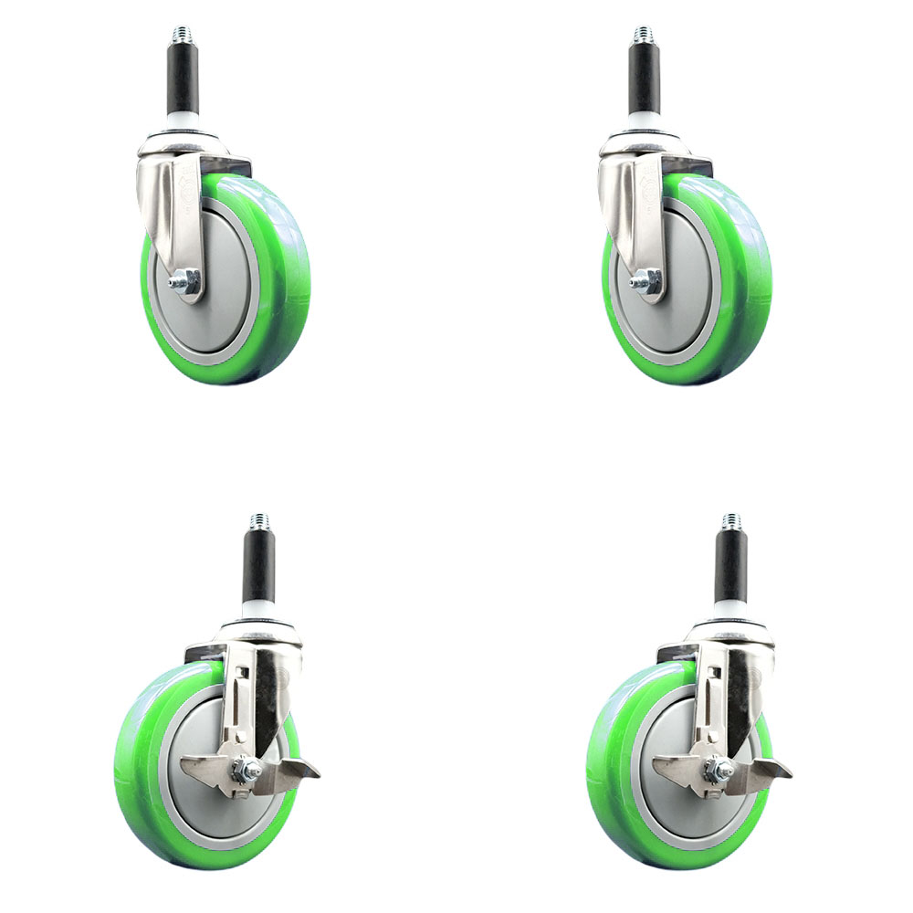 Polyurethane Swivel Stem Caster with 5 in. Green Caster Wheels, 0.75 in. Expanding Stems - 316 Stainless Steel Casters - Set of 4