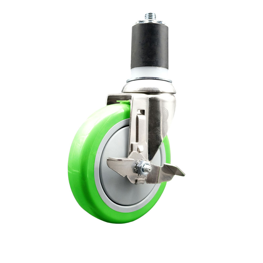 Polyurethane Swivel Stem Caster with 5 in. Green Caster Wheels & Top Lock Brake, 1.75 in. Expanding Stem - 316 Stainless Steel Caster