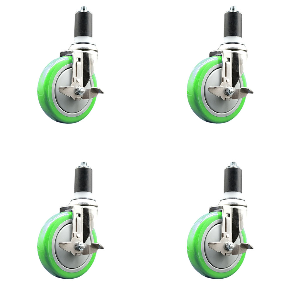 Polyurethane Swivel Stem Caster with 5 in. Green Caster Wheels, 1.63 in. Expanding Stems - 316 Stainless Steel Casters - Set of 4