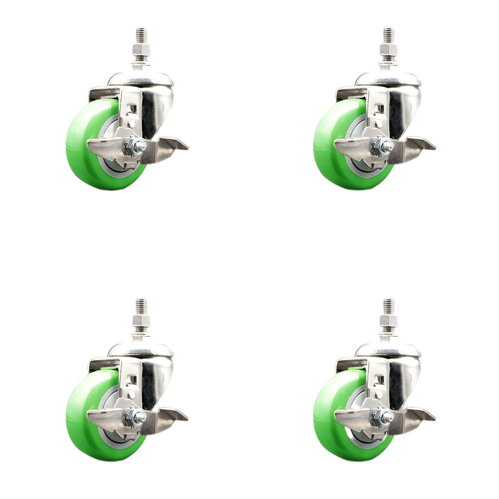 Polyurethane Swivel Stem Caster with 3 in. Green Caster Wheels, 12 mm Threaded Stems - 316 Stainless Steel Casters - Set of 4