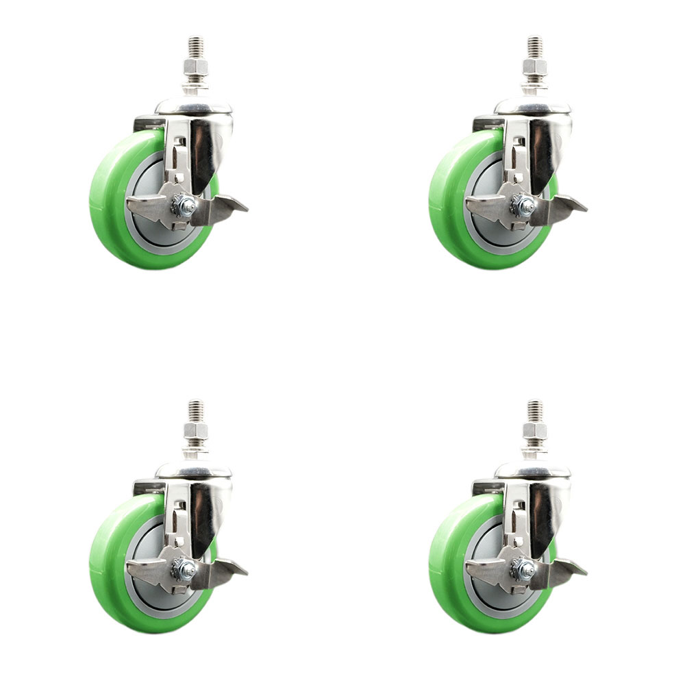 Polyurethane Swivel Stem Caster with 4 in. Green Caster Wheels, 0.5 in. Threaded Stems - 316 Stainless Steel Casters - Set of 4