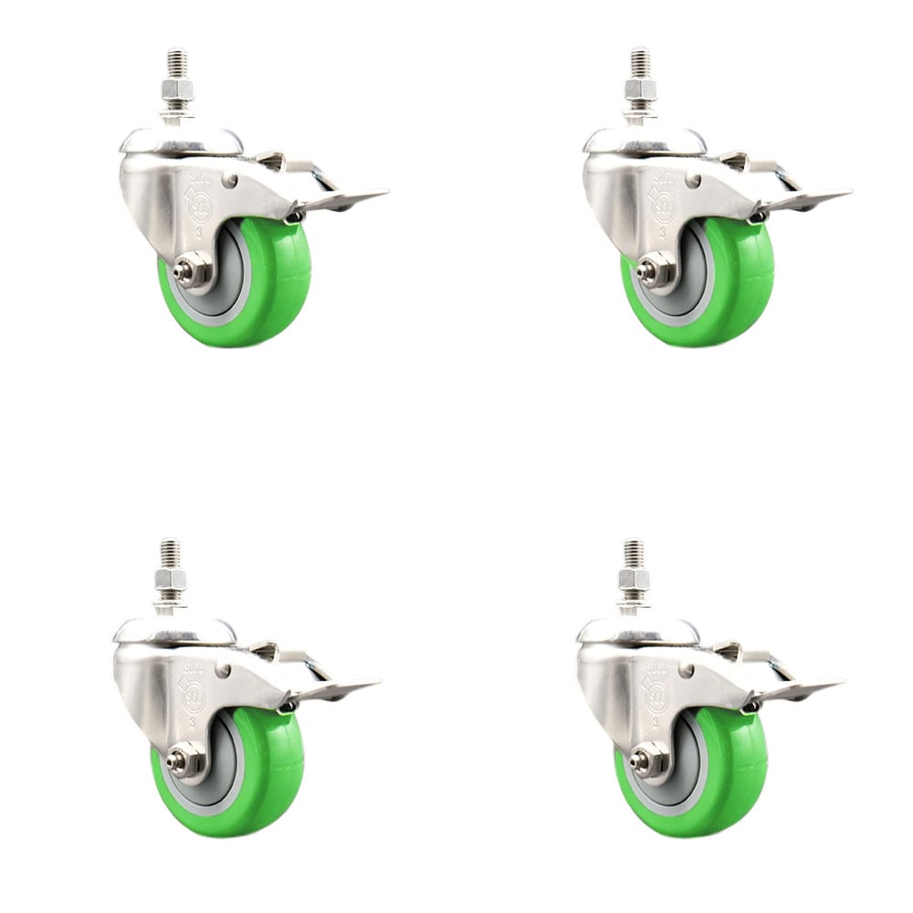 Polyurethane Swivel Stem Caster with 3 in. Green Caster Wheels, 0.5 in. Threaded Stems - 316 Stainless Steel Casters - Set of 4
