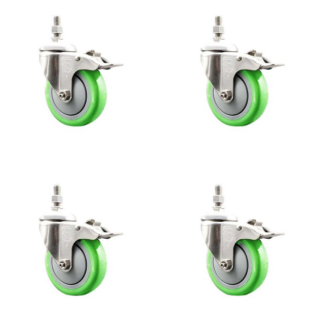 Polyurethane Swivel Stem Caster with 4 in. Green Caster Wheels, 0.5 in. Threaded Stems - 316 Stainless Steel Casters - Set of 4