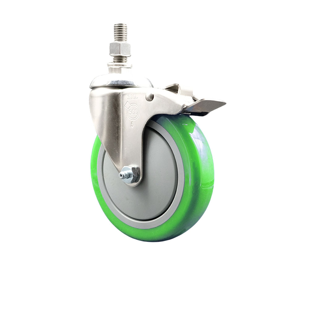 Polyurethane Swivel Stem Caster with 5 in. Green Caster Wheels & Total Lock Brake, 0.38 in. Threaded Stem - 316 Stainless Steel Caster