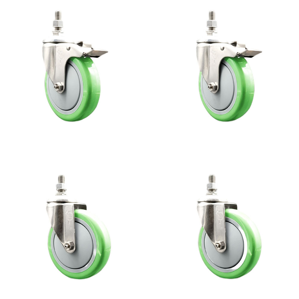 Poly Swivel Stem Caster with 5 in. Green Caster Wheels, 0.38 in. Threaded Stems - 316 Stainless Steel Casters - Set of 4