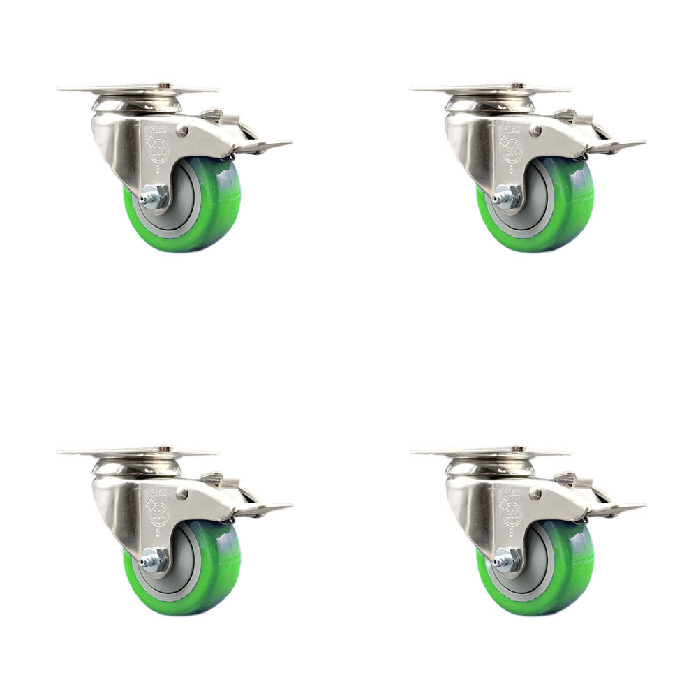 SCC-SS316TTL20S314-PPUB-GRN-4 Polyurethane Swivel Top Plate Caster with 3 in. 316 Stainless Steel Green Wheels - Set of 4