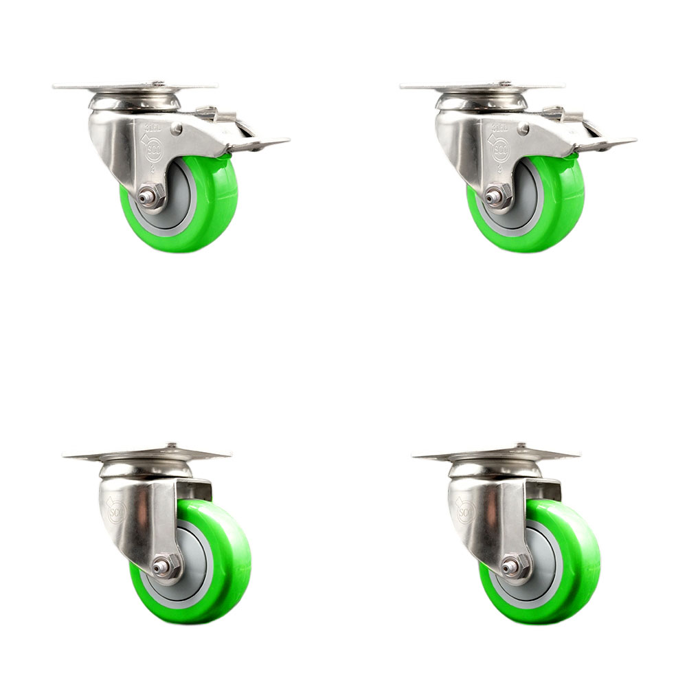 SCC-SS316TTL20S3514-PPUB-GRN-2-S-2 Polyurethane Swivel Top Plate Caster with 3.5 in. 316 Stainless Steel Green Wheels - Set of 4