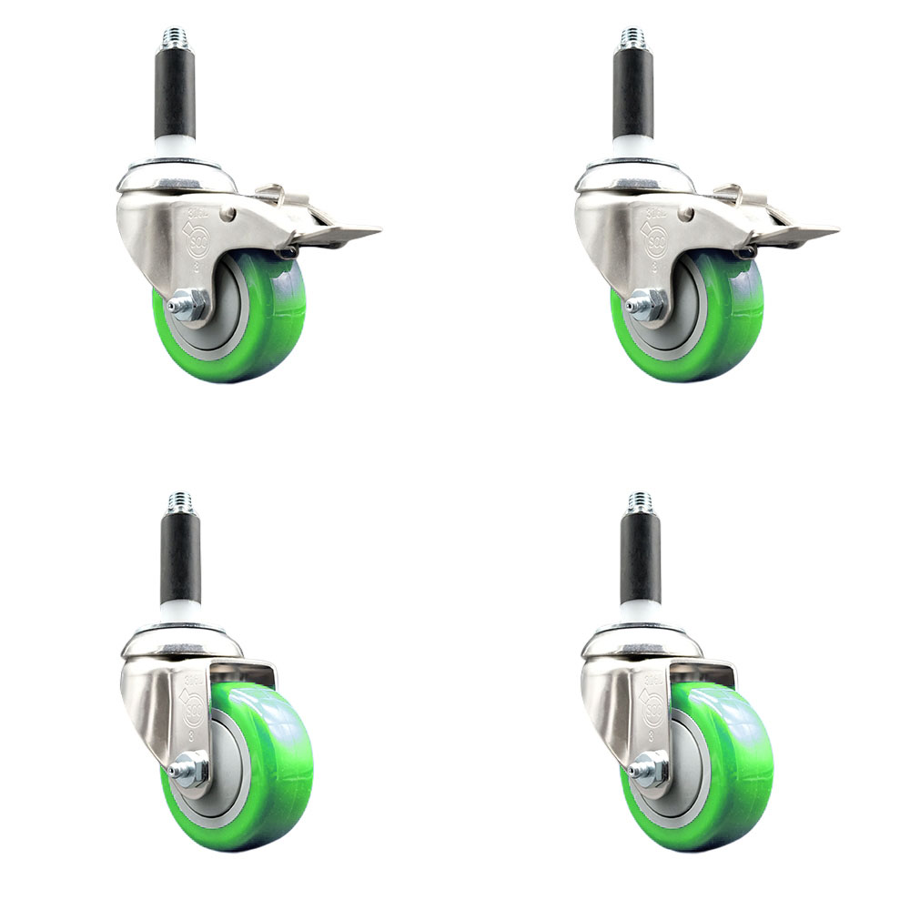 Polyurethane Swivel Stem Caster with 3 in. Green Caster Wheels, 0.87 in. Expanding Stem - 316 Stainless Steel Casters - Set of 4