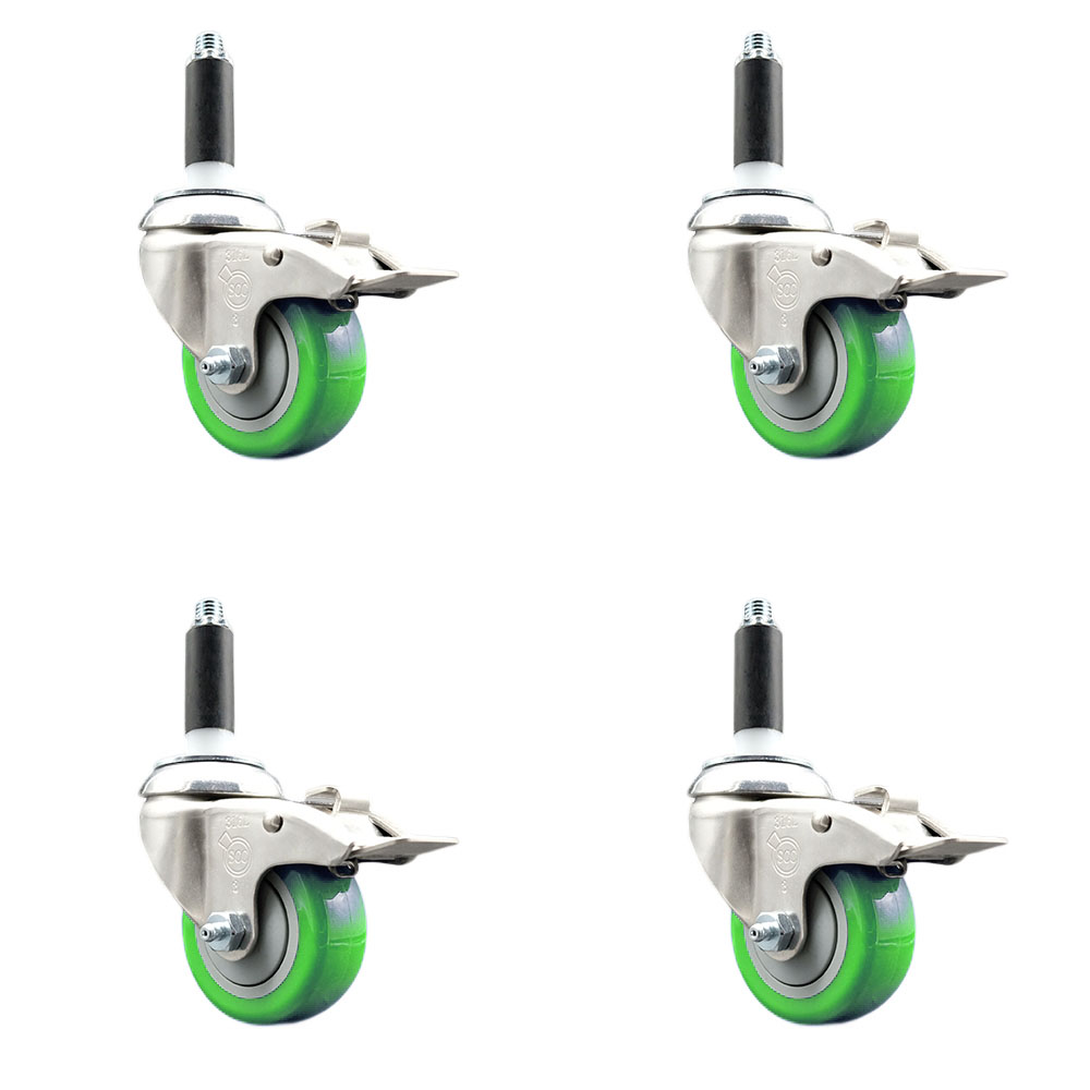 Polyurethane Swivel Stem Caster with 3 in. Green Caster Wheels, 0.87 in. Expanding Stems - 316 Stainless Steel Casters - Set of 4