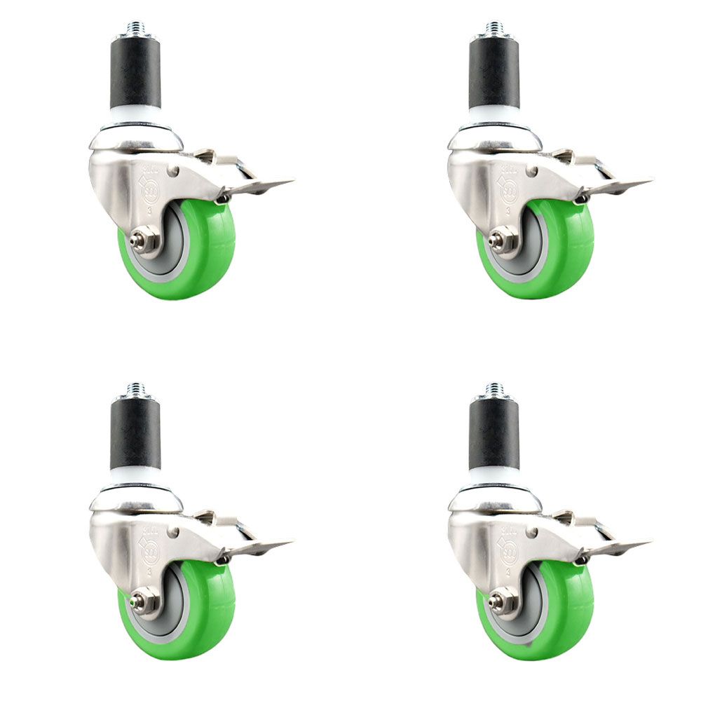 Polyurethane Swivel Stem Caster with 3.5 in. Green Caster Wheels, 1.5 in. Expanding Stems - 316 Stainless Steel Casters - Set of 4