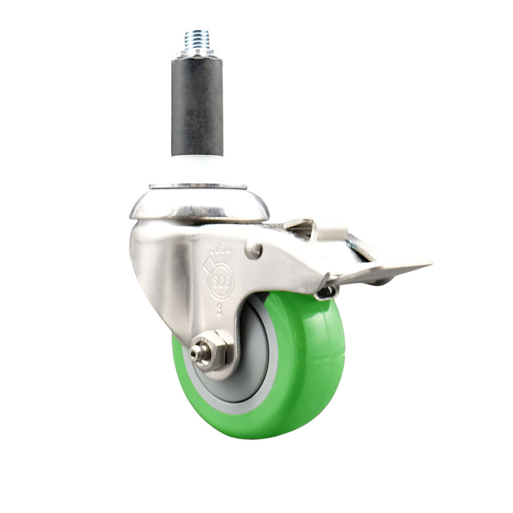 Polyurethane Swivel Stem Caster with 3.5 in. Green Caster Wheels & Total Lock Brake, 1.13 in. Expanding Stem - 316 Stainless Steel Caster