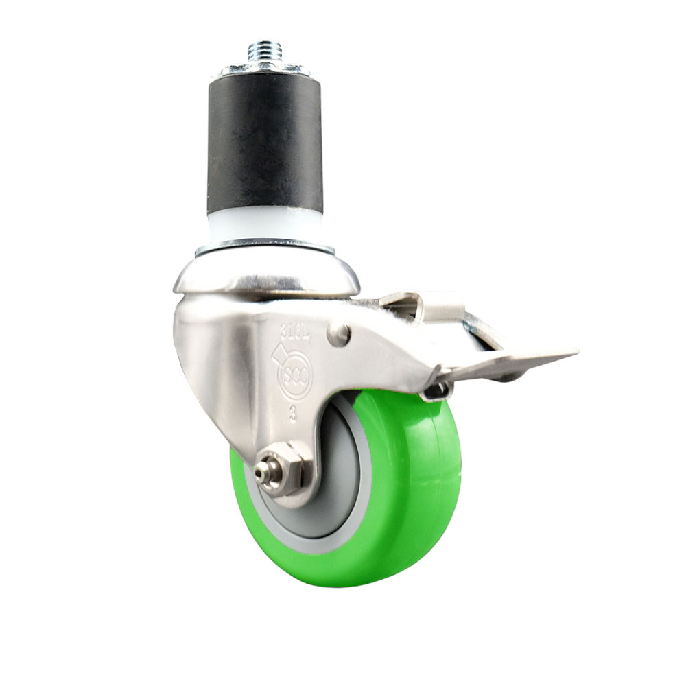 Polyurethane Swivel Stem Caster with 3.5 in. Green Caster Wheels & Total Lock Brake, 1.75 in. Expanding Stem - 316 Stainless Steel Caster