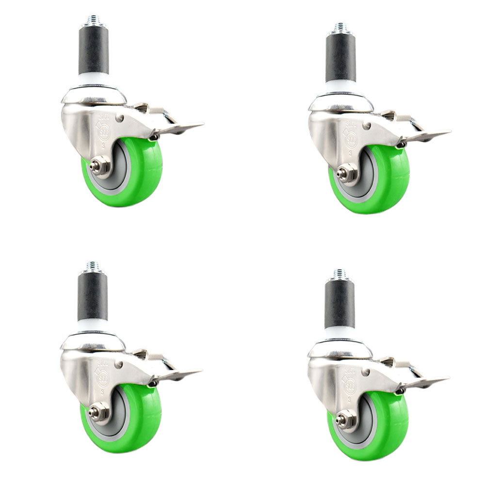 Polyurethane Swivel Stem Caster with 3.5 in. Green Caster Wheels, 1.38 in. Expanding Stems - 316 Stainless Steel Casters - Set of 4