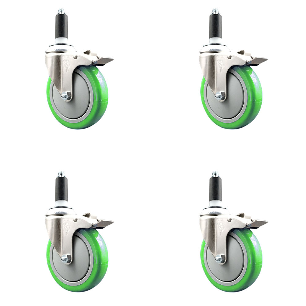 Polyurethane Swivel Stem Caster with 5 in. Green Caster Wheels, 1 in. Expanding Stems - 316 Stainless Steel Casters - Set of 4