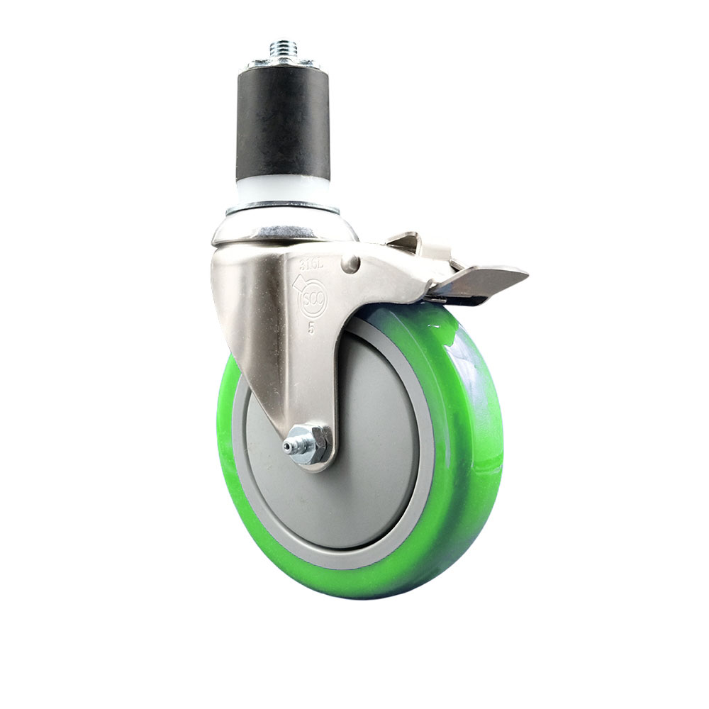 Polyurethane Swivel Stem Caster with 5 in. Green Caster Wheels & Total Lock Brake, 1.87 in. Expanding Stem - 316 Stainless Steel Caster