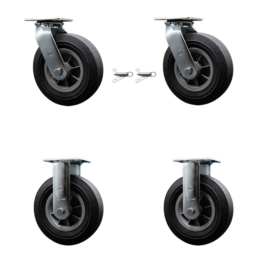 SCC-100S825-SNB-BSL-2-R-2 8 in. Swivel Semi Pneumatic Solid Rubber Wheel Casters, Black - Set of 4
