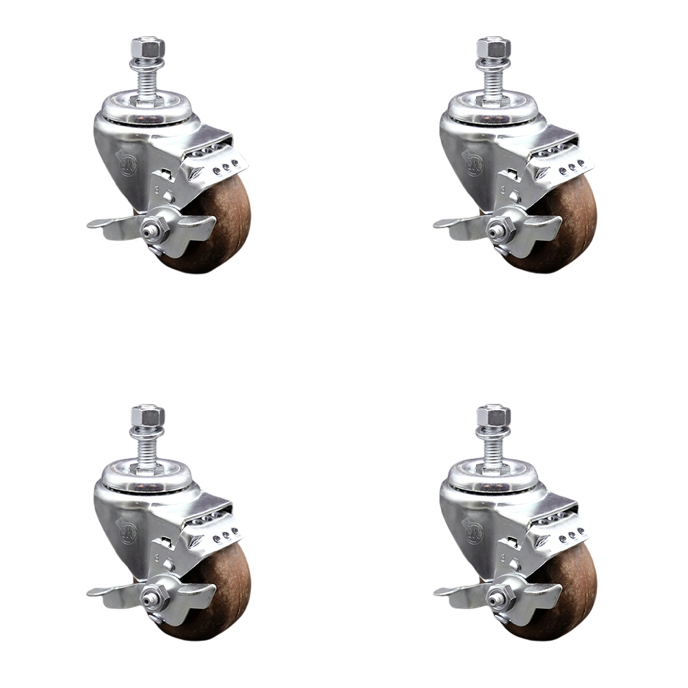 Stainless Steel High Temperature Glass Filled Nylon Swivel Threaded Stem Caster with 3 x 1.25 in. Brown Wheels & 0.38 in. Stems - Set of 4