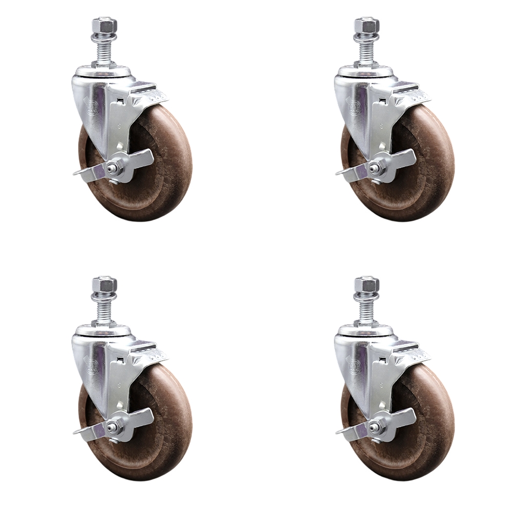 High Temperature Glass Filled Nylon Swivel Threaded Stem Caster with 5 x 1.25 in. Brown Wheels & 12 mm Stems - Set of 4