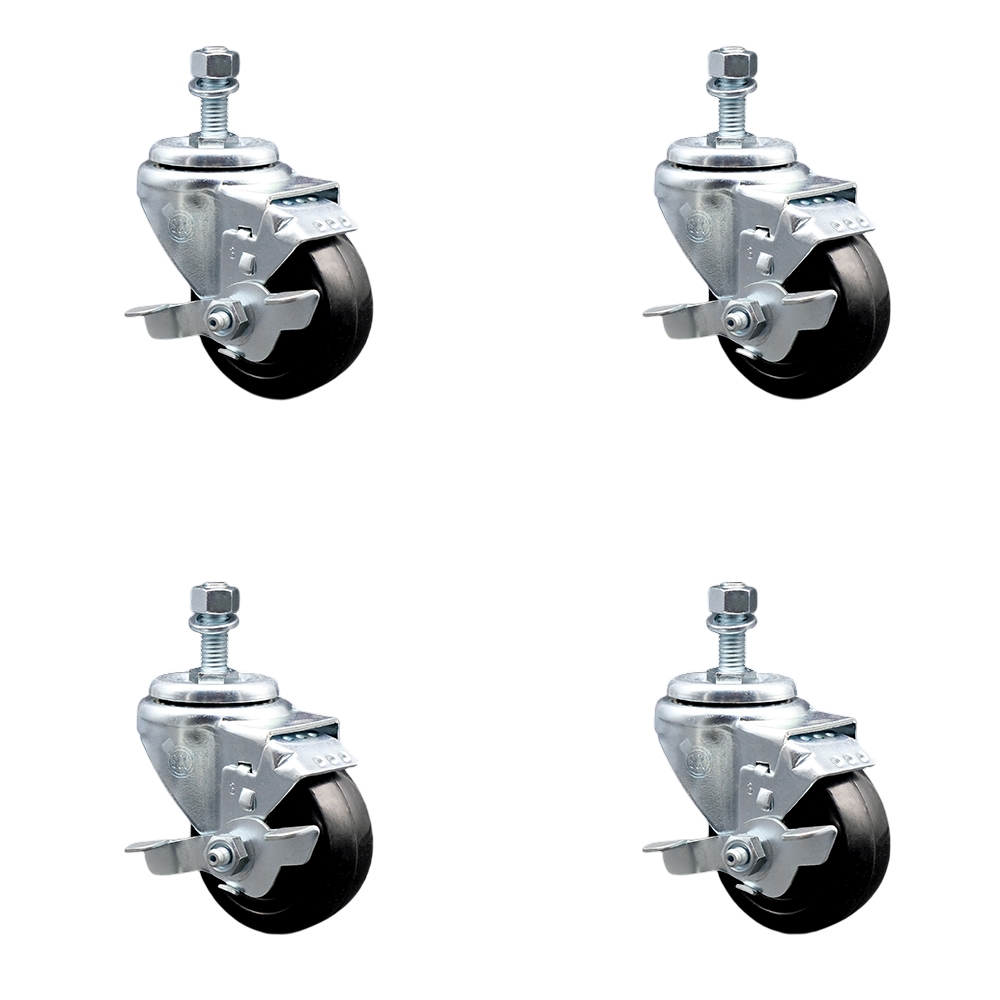 SCC-TS20S3514-HRS-TLB-M1015-4 Hard Rubber Swivel Threaded Stem Caster with 3.5 x 1.25 in. Black Wheels & 10 mm Stems - Set of 4