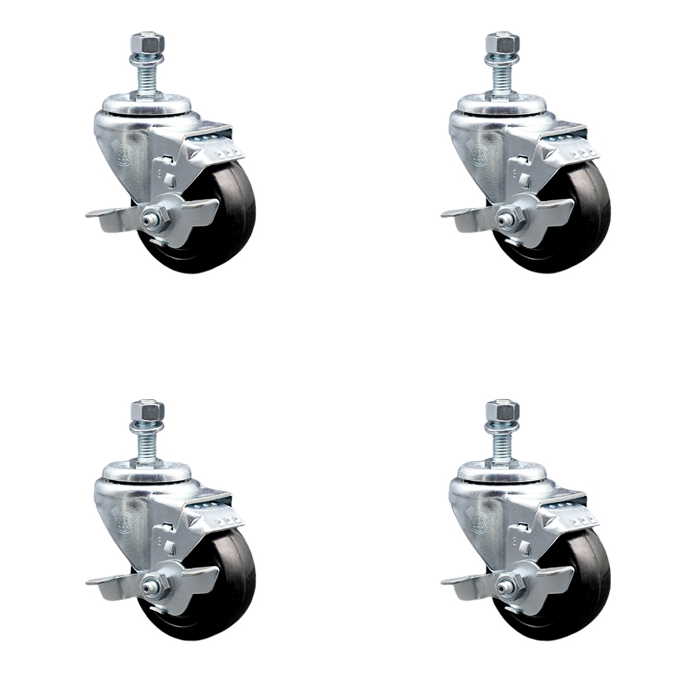 SCC-SSTS20S3514-HRS-TLB-M1015-4 Stainless Steel Hard Rubber Swivel Threaded Stem Caster with 3.5 x 1.25 in. Black Wheels & 10 mm Stems - Set of 4