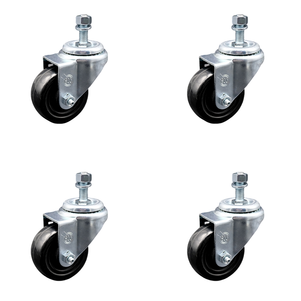 SCC-SSTS20S314-HRS-M1215-4 Stainless Steel Hard Rubber Swivel Threaded Stem Caster with 3 x 1.25 in. Black Wheels & 12 mm Stems - Set of 4
