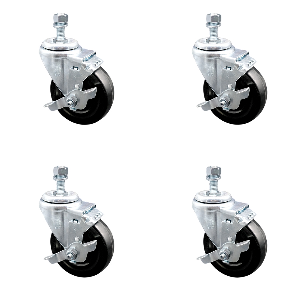 SCC-SSTS20S414-HRS-TLB-M1215-4 Stainless Steel Hard Rubber Swivel Threaded Stem Caster with 4 x 1.25 in. Black Wheels & 12 mm Stems - Set of 4