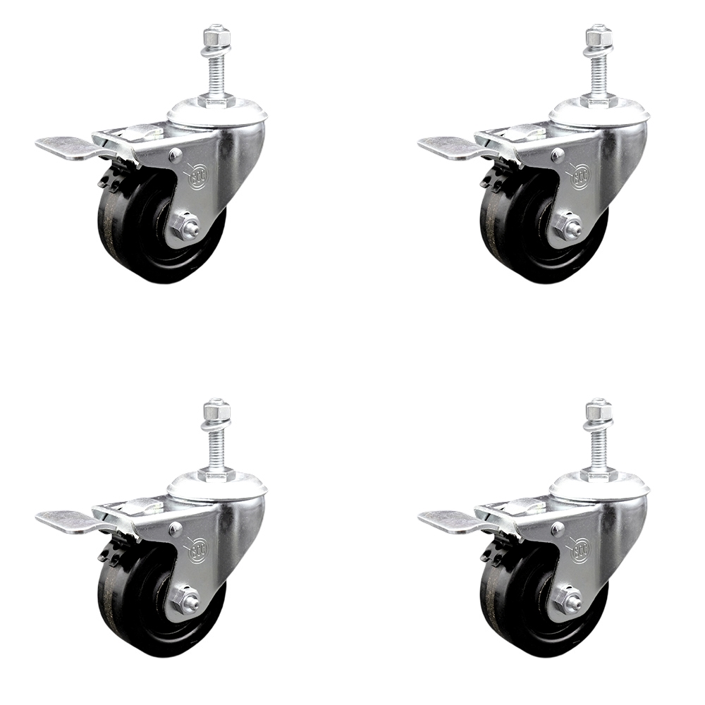 SCC-TSTTL20S314-PHR-M1015-4 Phenolic Swivel Threaded Stem Caster with Roller Bearing with 3 x 1.25 in. Black Wheels & 10 mm Stems - Set of 4