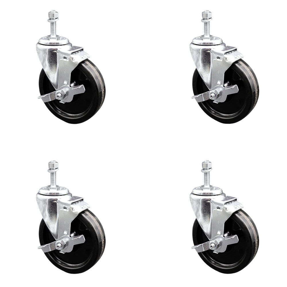 SCC-TS20S514-PHR-TLB-M1015-4 Phenolic Swivel Threaded Stem Caster with Roller Bearing with 5 x 1.25 in. Black Wheels & 10 mm Stems - Set of 4
