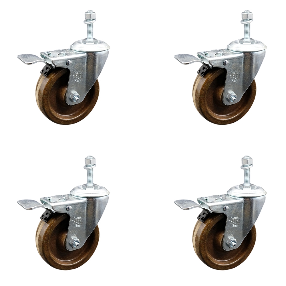 High Temperature Phenolic Swivel Threaded Stem Caster with Roller Bearing with 4 x 1.25 in. Brown Wheels & 10 mm Stems - Set of 4