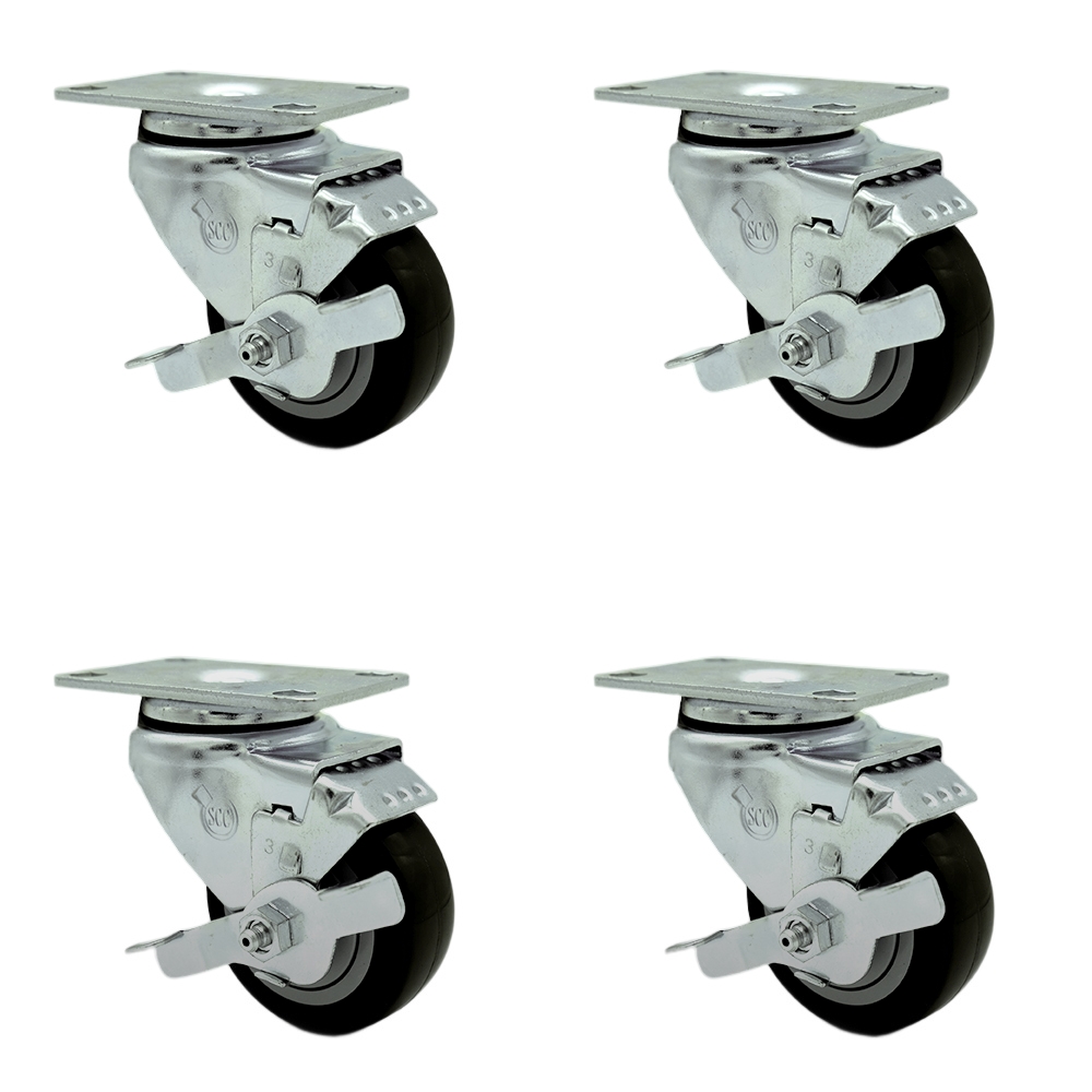 SCC-SS20S3514-PPUB-BLK-TLB-4 Stainless Steel Polyurethane Swivel Top Plate Caster with 3.5 x 1.25 in. Black Wheels - Set of 4