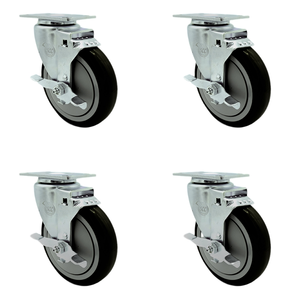 SCC-SS20S514-PPUB-BLK-TLB-4 Stainless Steel Polyurethane Swivel Top Plate Caster with 5 x 1.25 in. Black Wheels - Set of 4