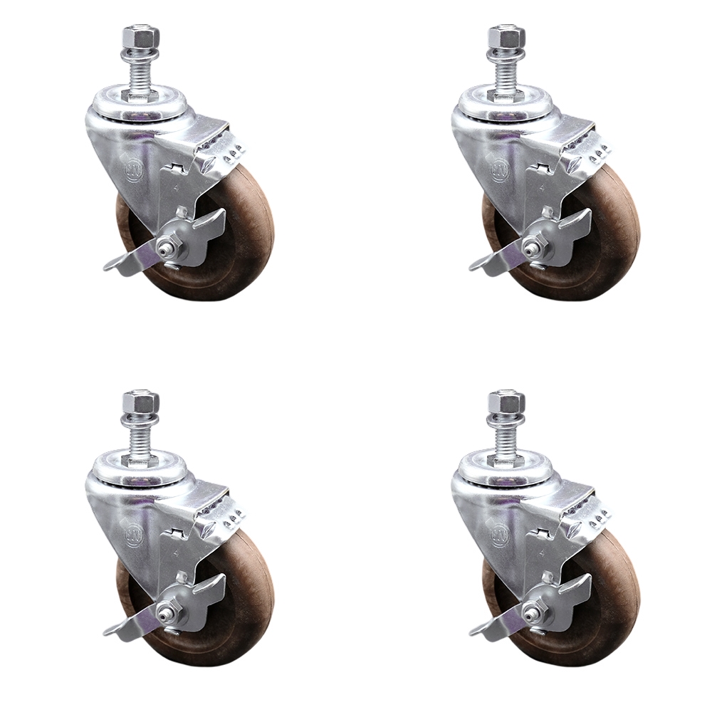 Stainless Steel High Temperature Glass Filled Nylon Swivel Threaded Stem Caster with 4 x 1.25 in. Brown Wheels & 0.5 in. Stems - Set of 4