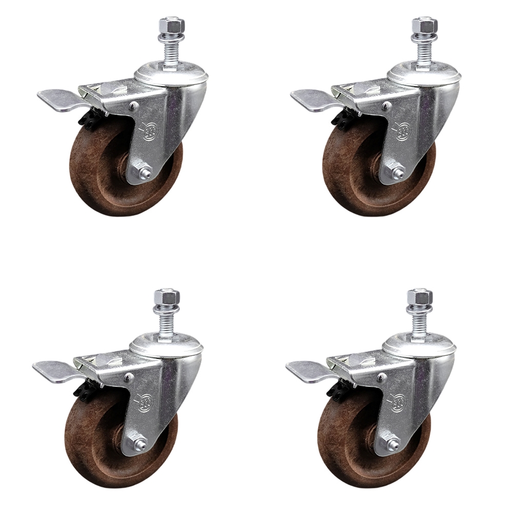 High Temperature Glass Filled Nylon Swivel Threaded Stem Caster with 4 x 1.25 in. Brown Wheels & 0.38 in. Stems - Set of 4