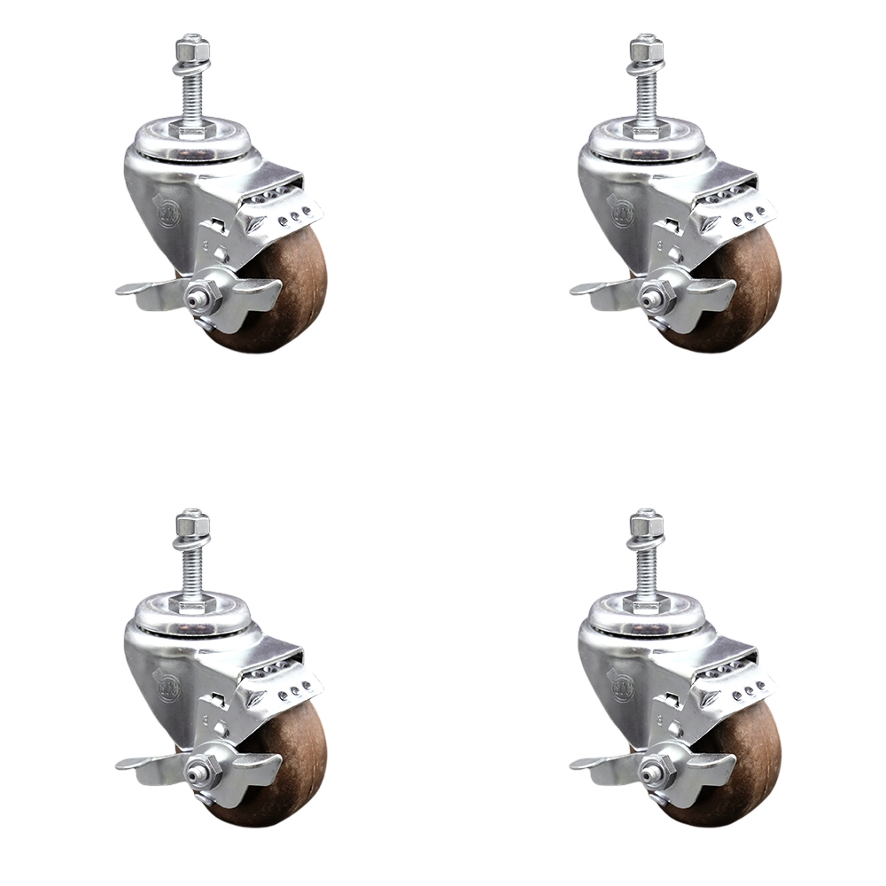 High Temperature Glass Filled Nylon Swivel Threaded Stem Caster with 3.5 x 1.25 in. Brown Wheels & 10 mm Stems - Set of 4