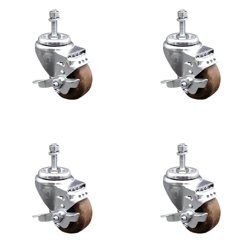 Stainless Steel High Temperature Glass Filled Nylon Swivel Threaded Stem Caster with 3 x 1.25 in. Brown Wheels & 10 mm Stems - Set of 4