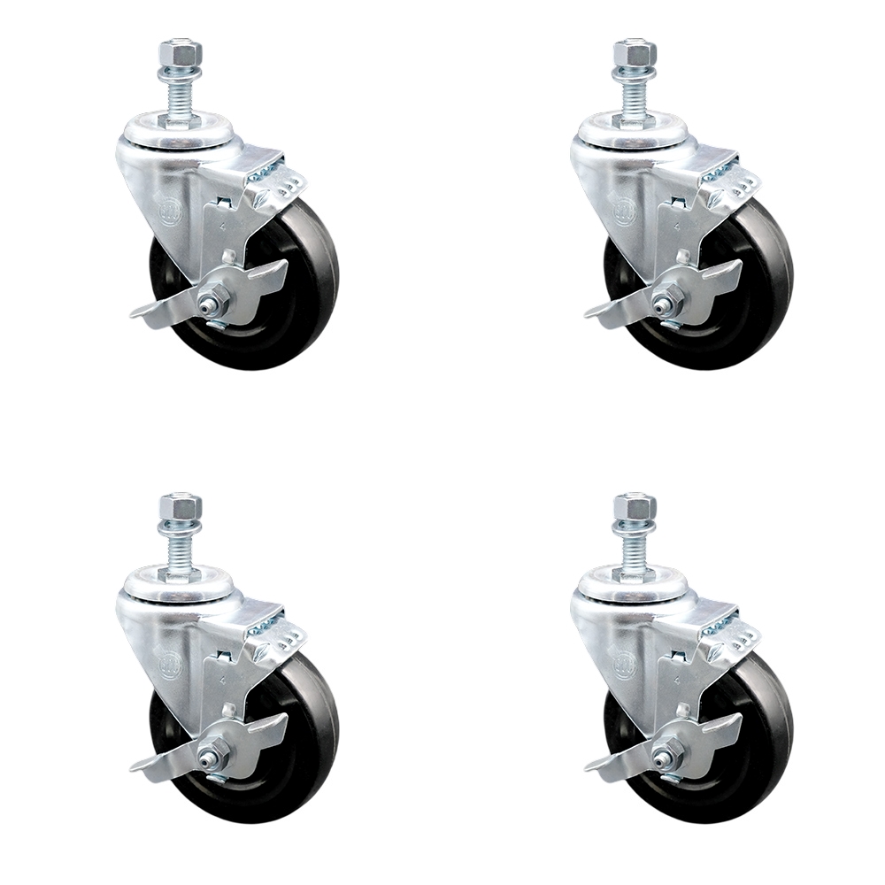 SCC-TS20S414-HRS-TLB-M1215-4 Hard Rubber Swivel Threaded Stem Caster with 4 x 1.25 in. Black Wheels & 12 mm Stems - Set of 4