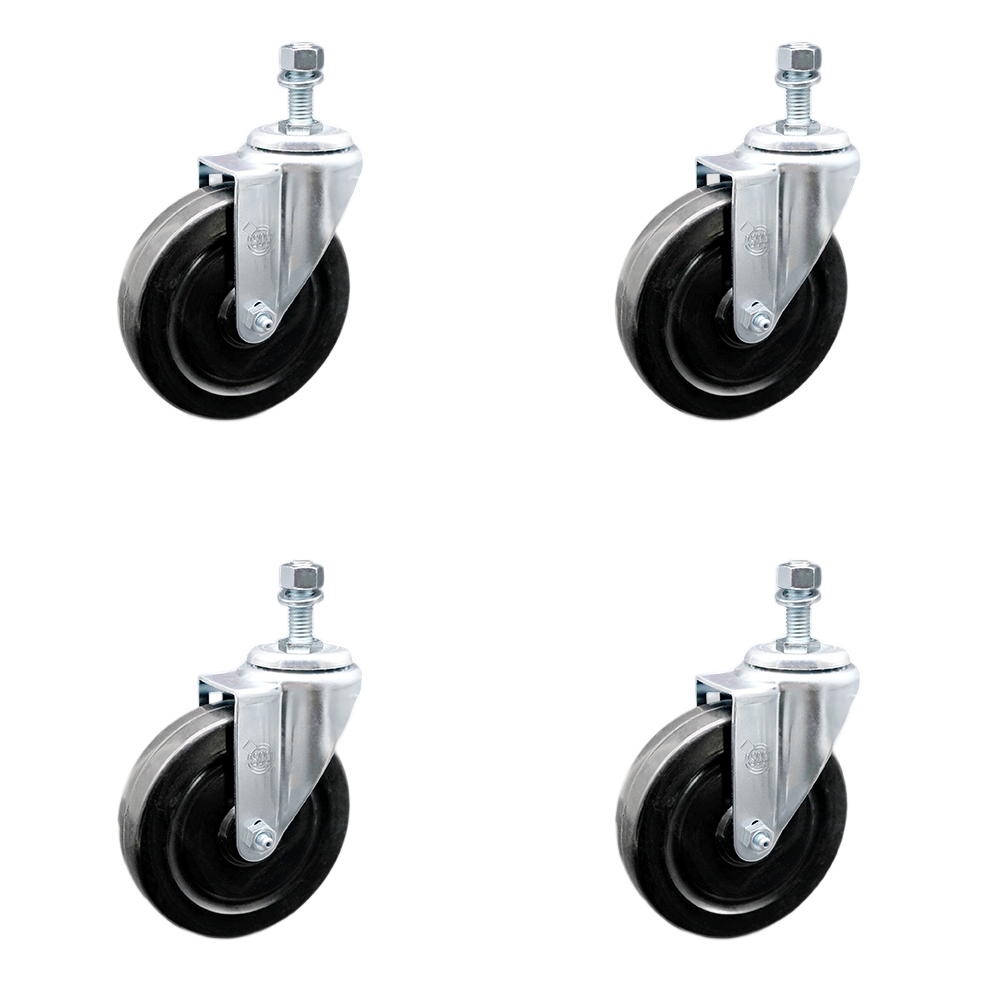 SCC-SSTS20S514-HRS-M1215-4 Stainless Steel Hard Rubber Swivel Threaded Stem Caster with 5 x 1.25 in. Black Wheels & 12 mm Stems - Set of 4