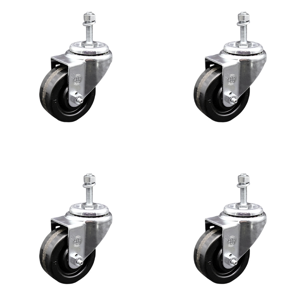SCC-TS20S3514-PHR-M1015-4 Phenolic Swivel Threaded Stem Caster with Roller Bearing with 3.5 x 1.25 in. Black Wheels & 10 mm Stems - Set of 4