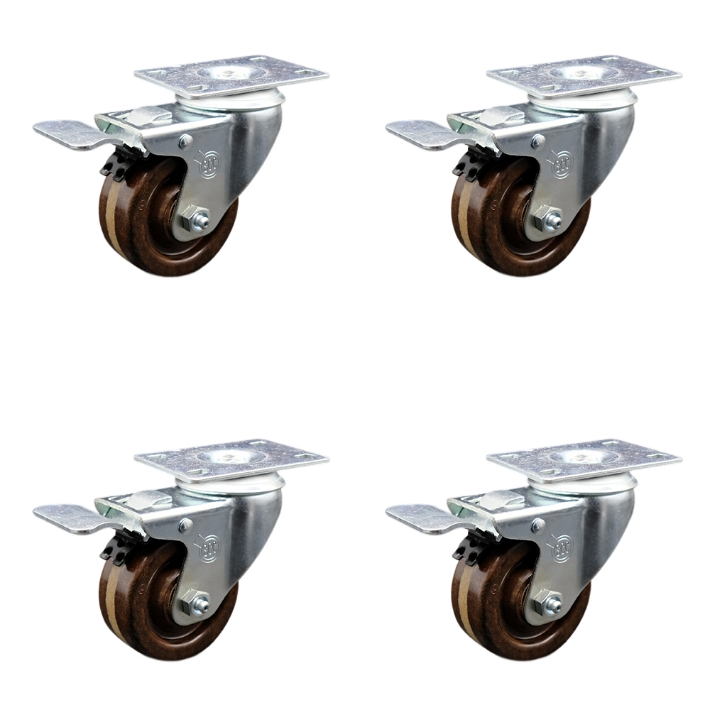 SCC-TTL20S314-PHRHT-4 High Temperature Phenolic Swivel Top Plate Caster with Roller Bearings - 3 in. Wheels - Set of 4
