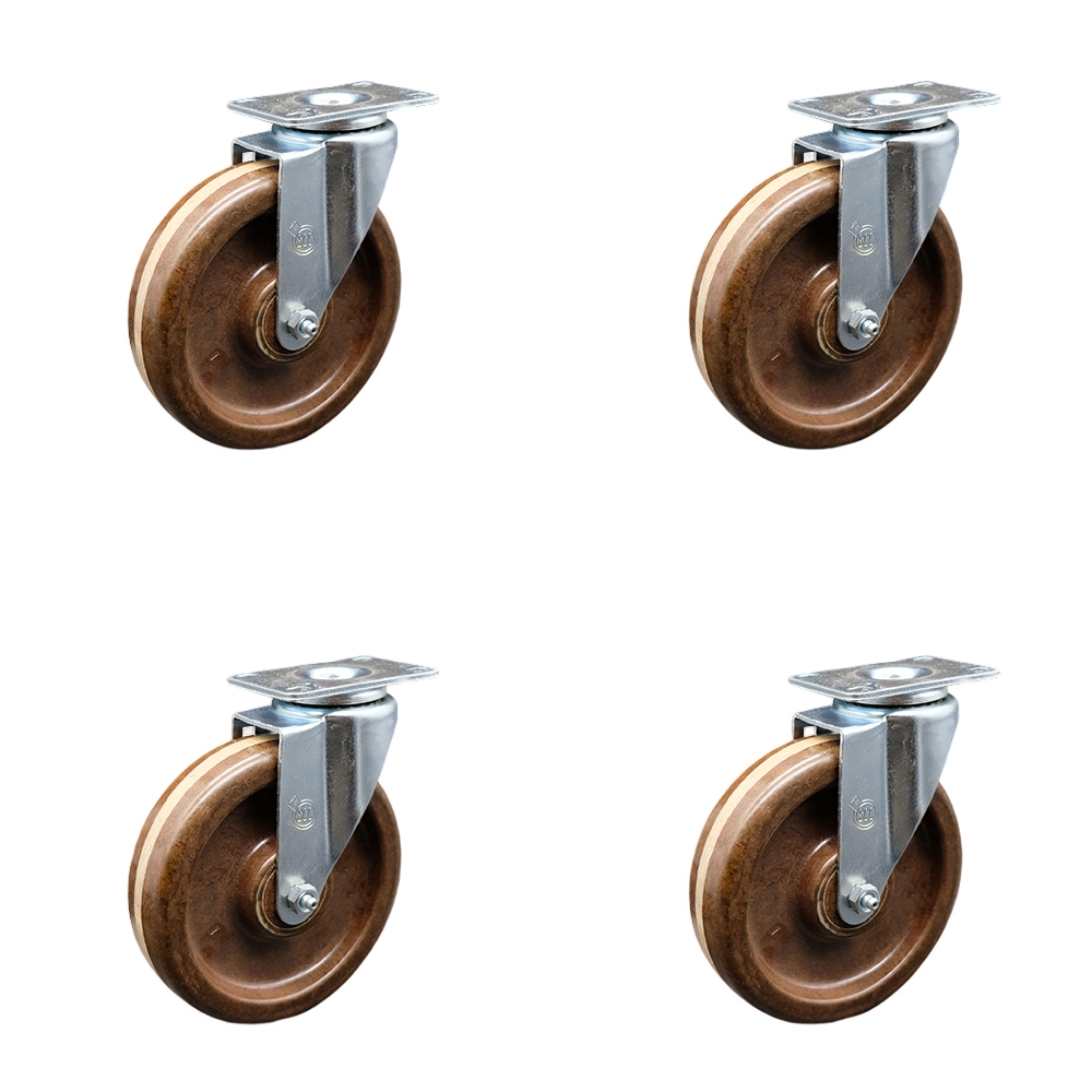 SCC-20S615-PHRHT-4 High Temperature Phenolic Swivel Top Plate Caster with Roller Bearings - 6 in. Brown Wheels - Set of 4