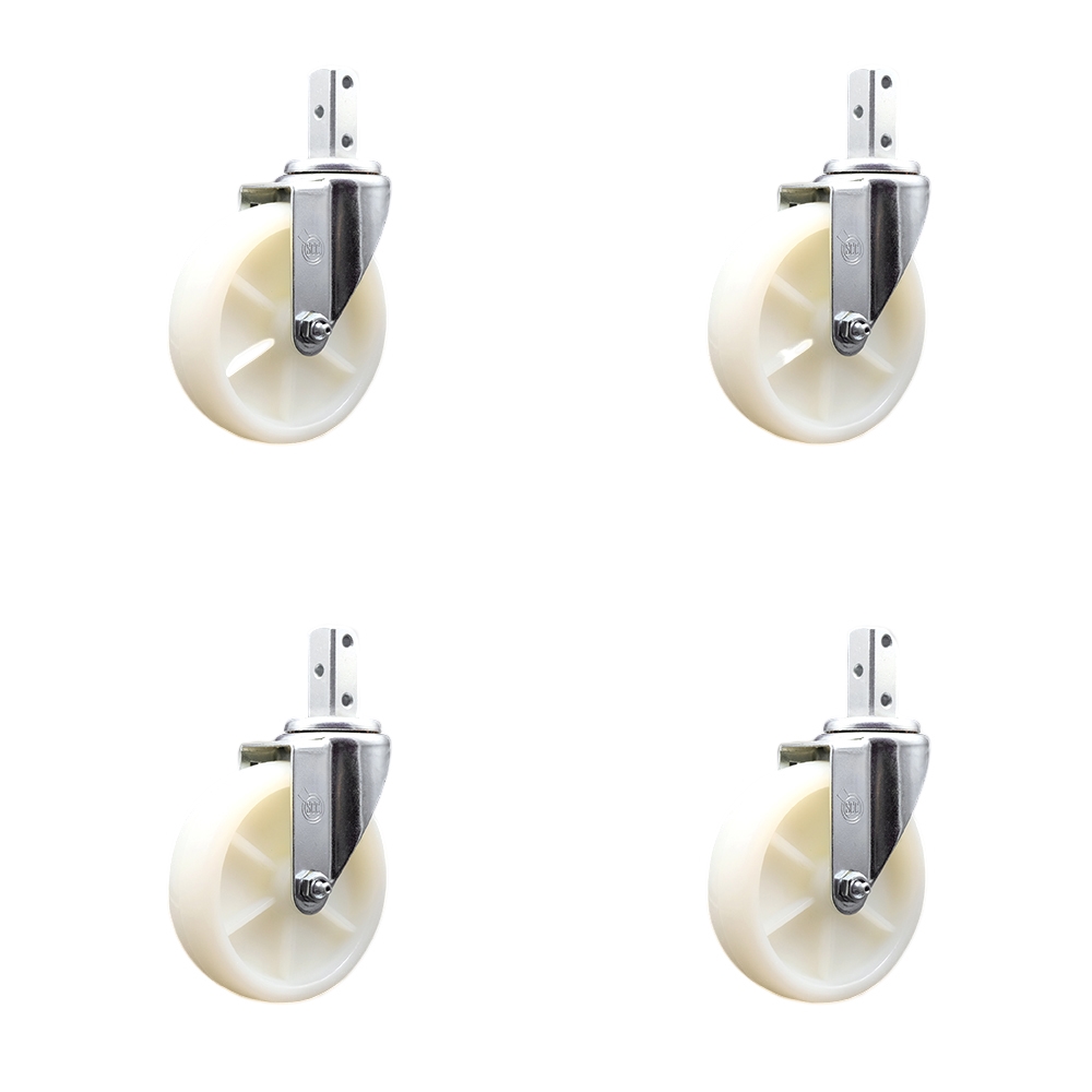 Swivel Square Stem Caster with 5 x 1.25 in. White Nylon Wheel, 0.75 x 2 in. Square Stem with 3 0.26 in. Diameter Mounting Holes - Set of 4