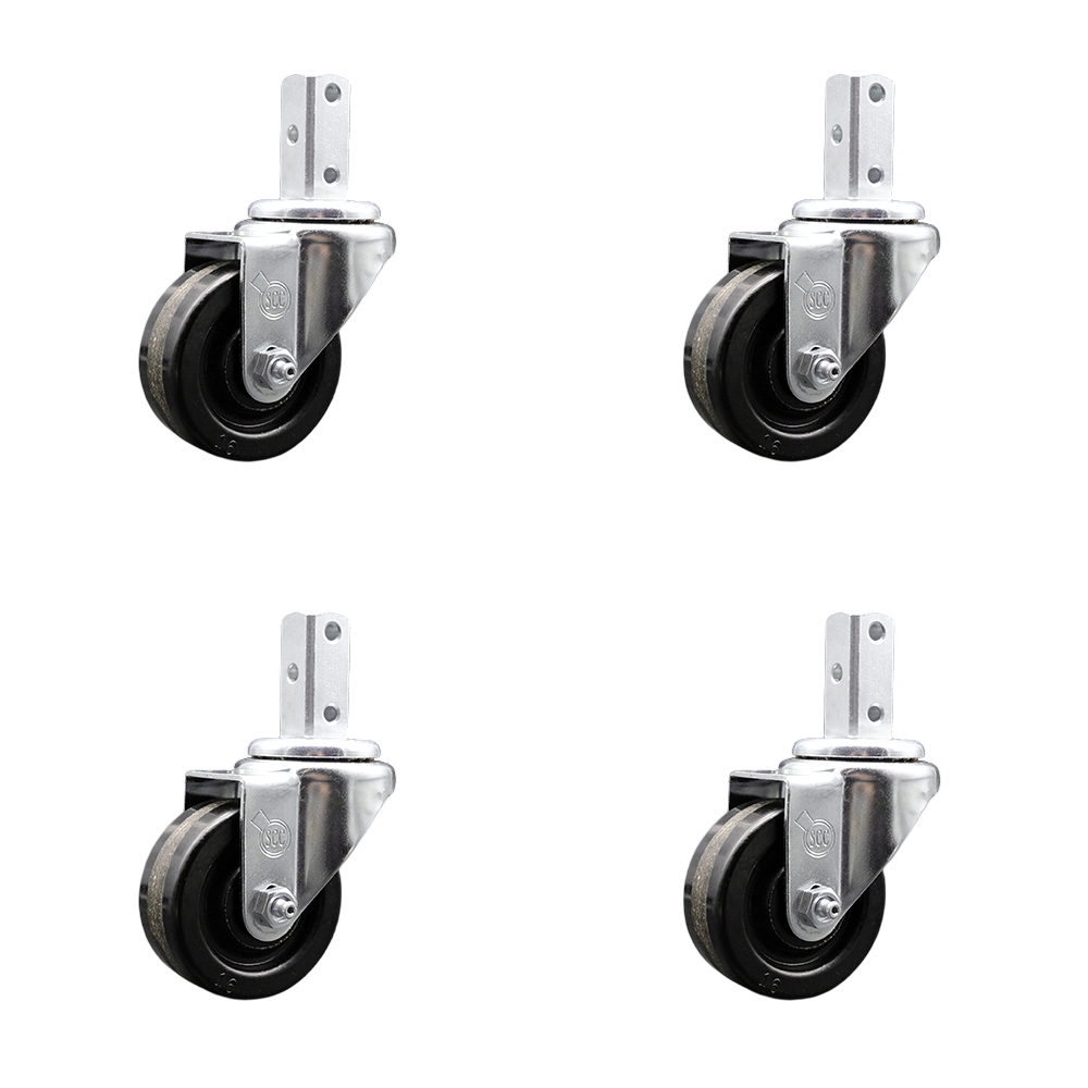 Swivel Square Stem Caster with 3 x 1.25 in. Black Phenolic Wheel, 0.87 x 2 in. Square Stem with 3 0.26 in. Diameter Mounting Holes - Set of 4