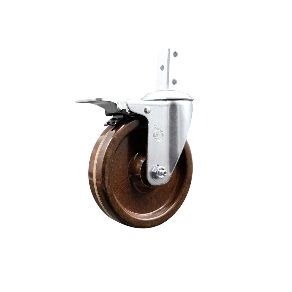 Swivel Square Stem Caster with 5 x 1.25 in. Brown High Temperature Phenolic Wheel, 0.75 x 2 in. Square Stem &Total Lock Brakes