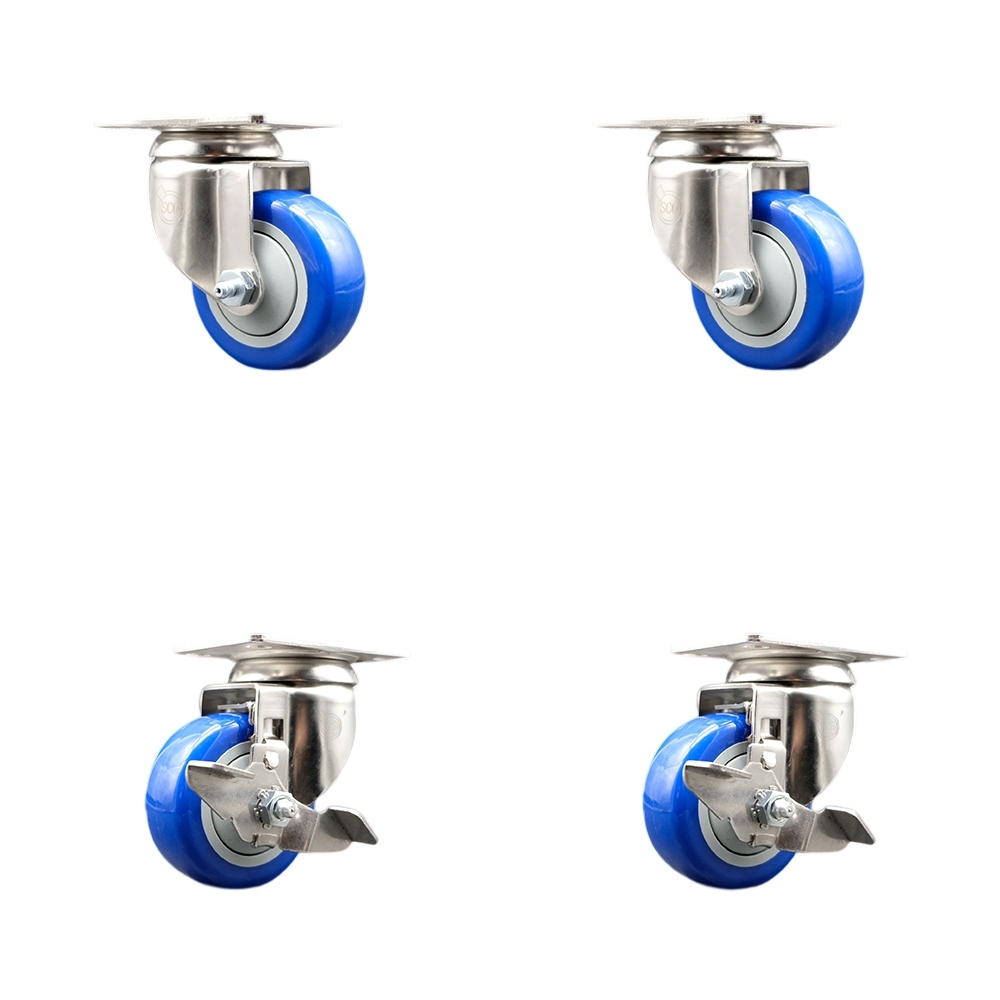 SCC-SS31620S314-PPUB-BLUE-2-TLB-2 Polyurethane Swivel Top Plate Caster with 3 in. 316 Stainless Steel Blue Wheels - Set of 4