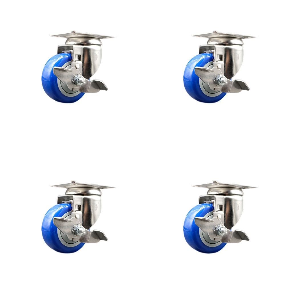 SCC-SS31620S3514-PPUB-BLUE-TLB-4 Polyurethane Swivel Top Plate Caster with 3.5 in. 316 Stainless Steel Blue Wheels - Set of 4