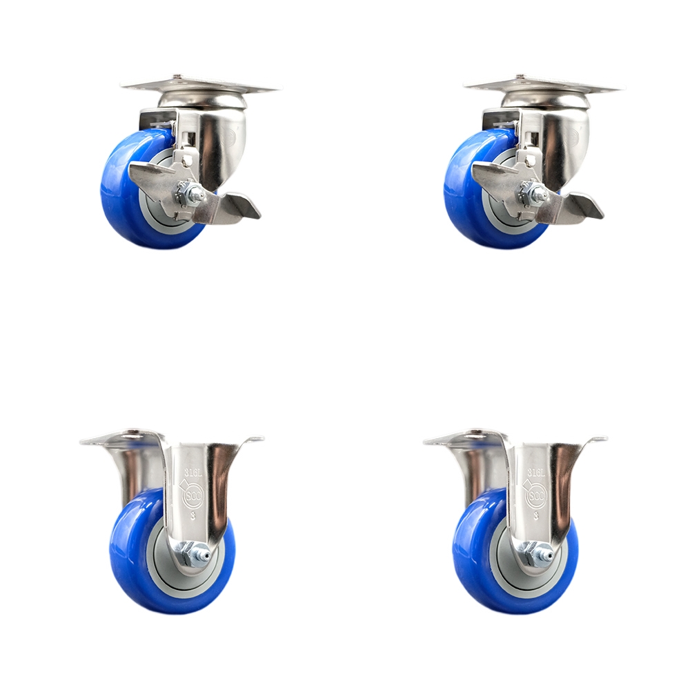 SCC-SS31620S3514-PPUB-BLUE-TLB-2-R-2 Polyurethane Swivel Top Plate Caster with 3.5 in. 316 Stainless Steel Blue Wheels - Set of 4