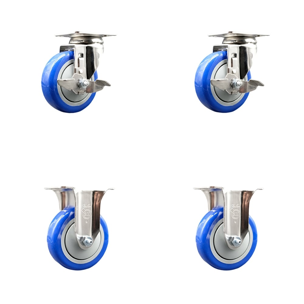 SCC-SS31620S414-PPUB-BLUE-TLB-2-R-2 Polyurethane Swivel Top Plate Caster with 4 in. 316 Stainless Steel Blue Wheels - Set of 4
