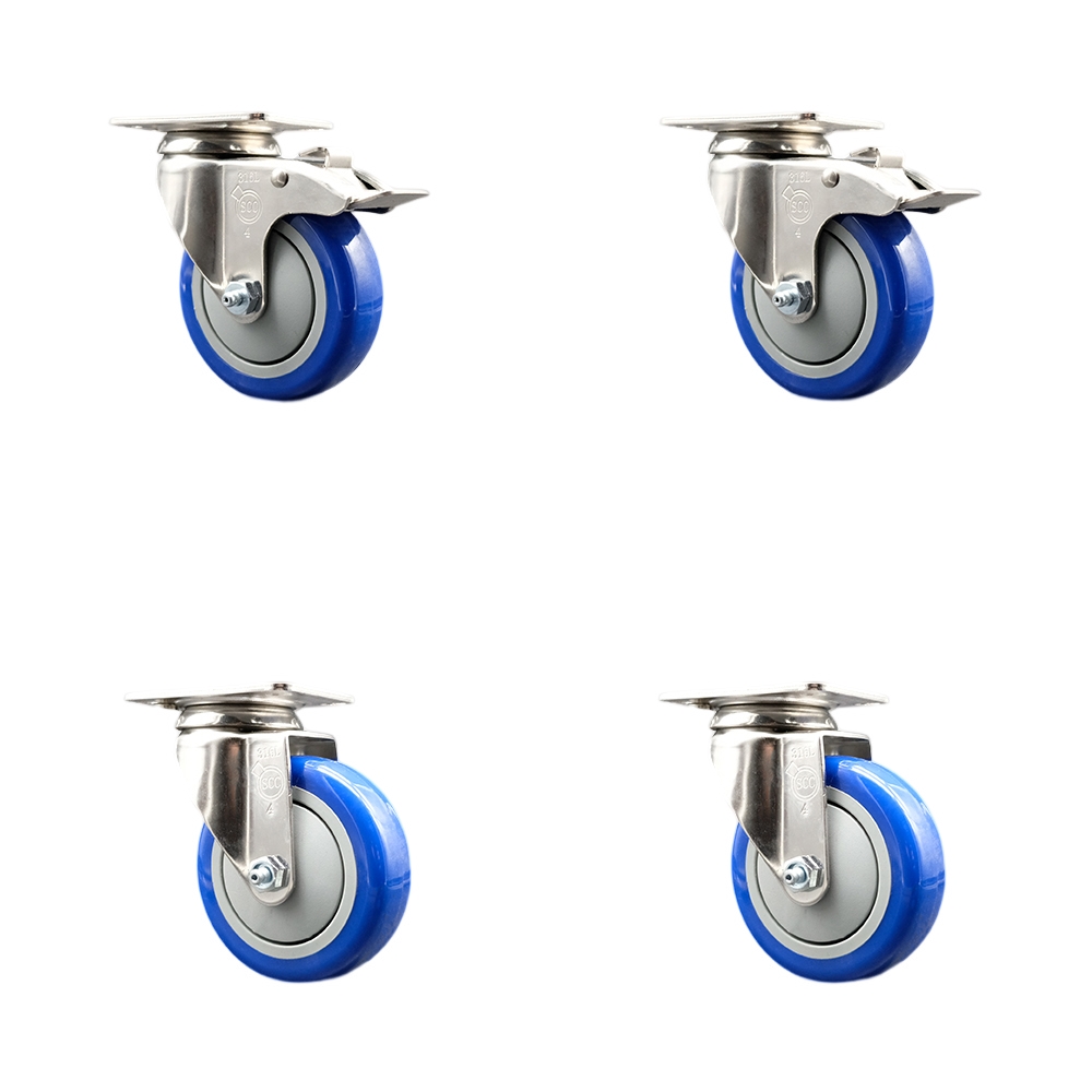 SCC-SS316TTL20S414-PPUB-BLUE-2-S-2 Polyurethane Swivel Top Plate Caster with 4 in. 316 Stainless Steel Blue Wheels - Set of 4